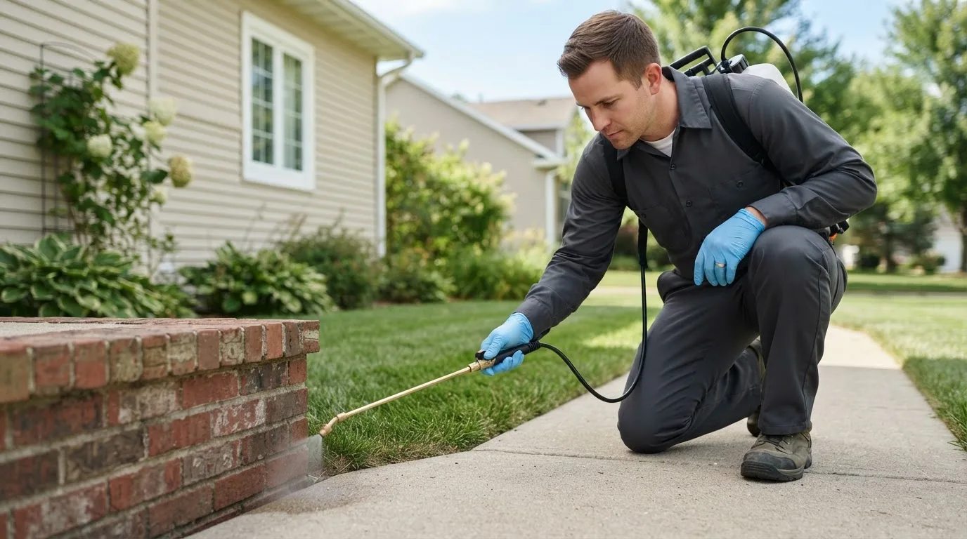 Pest control technician treating a home near Bethel, OH
